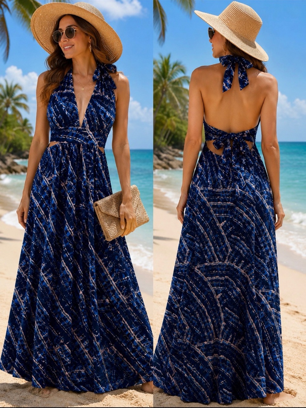 Navy Halter Tie-Back Maxi Dress - Women Dresses size medium